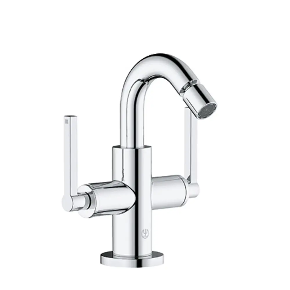 Kludi-Armatur in Chrom für Bidet mit zwei Hebeln zur Temperatur- und Mengeneinstellung, inklusive einer flexiblen Auslaufdüse.